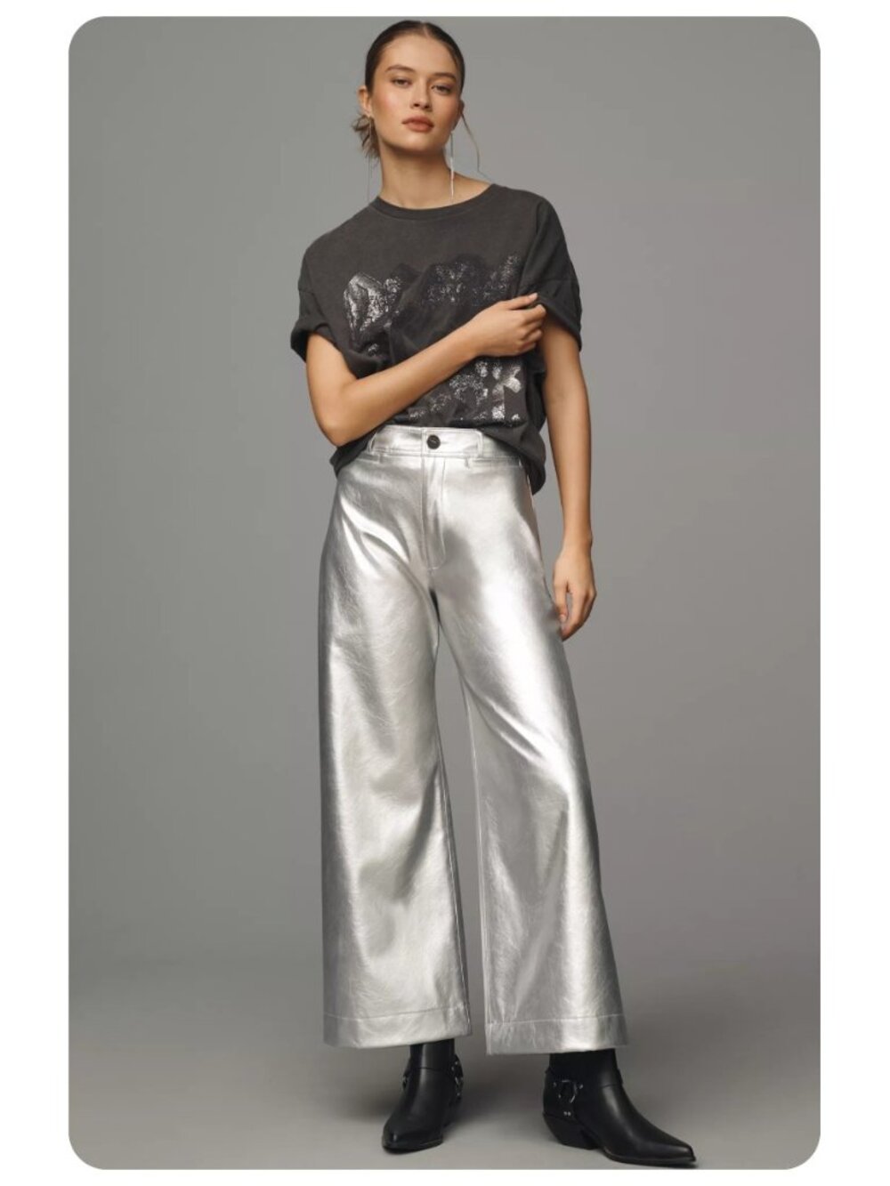 Anthropologie Maeve Elite High-Rise Crop Wide-Leg Metallic Silver Faux Leather